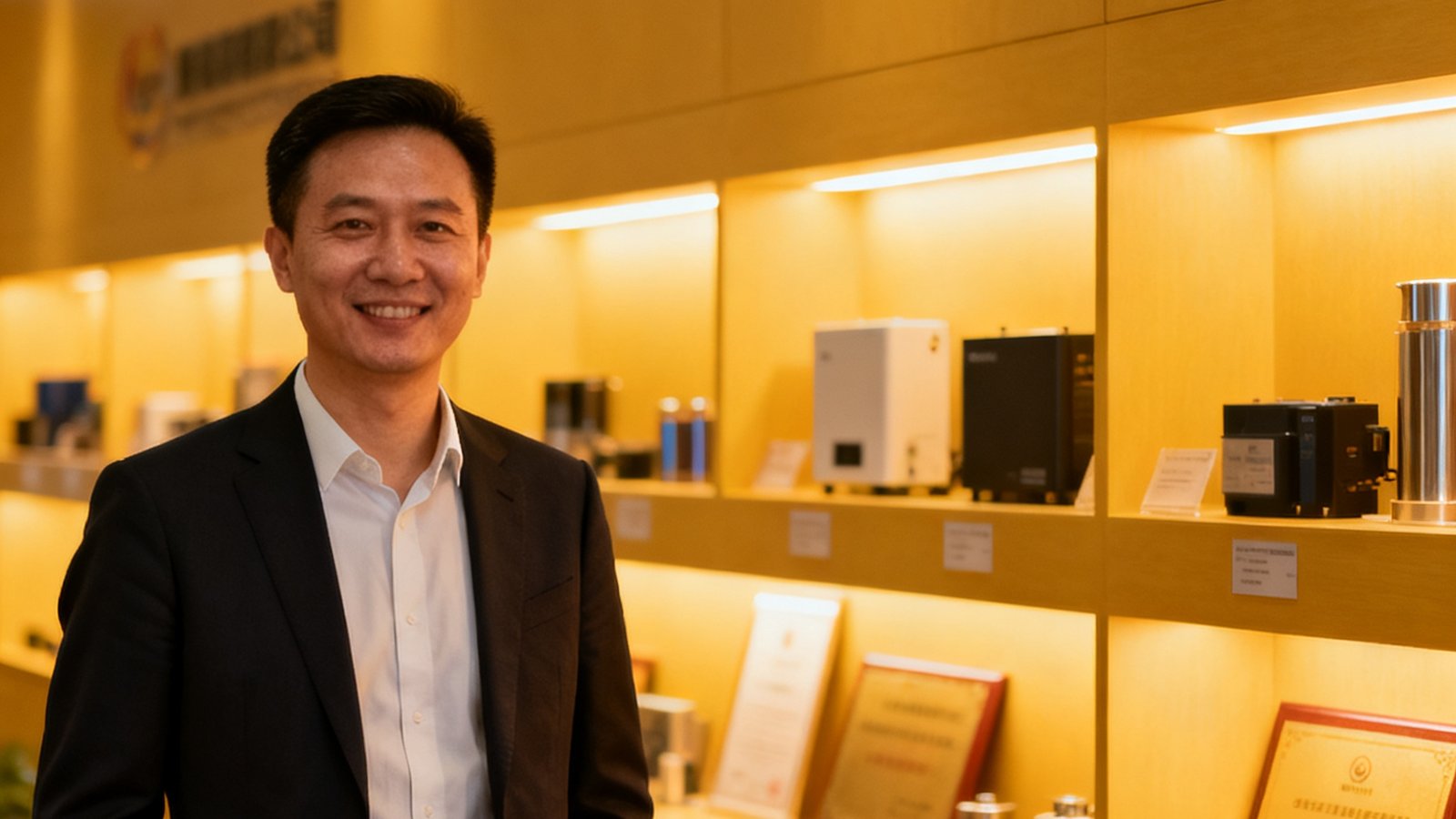 会员企业专访系列封面图，展示一位企业家站在公司产品展示墙前的自信肖像，灯光温暖专业