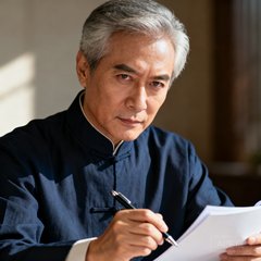 一位双鬓微白、目光锐利的资深企业家肖像照，穿着藏青色中式立领衬衫，手持钢笔正在翻阅文件，展现沉稳睿智的气质